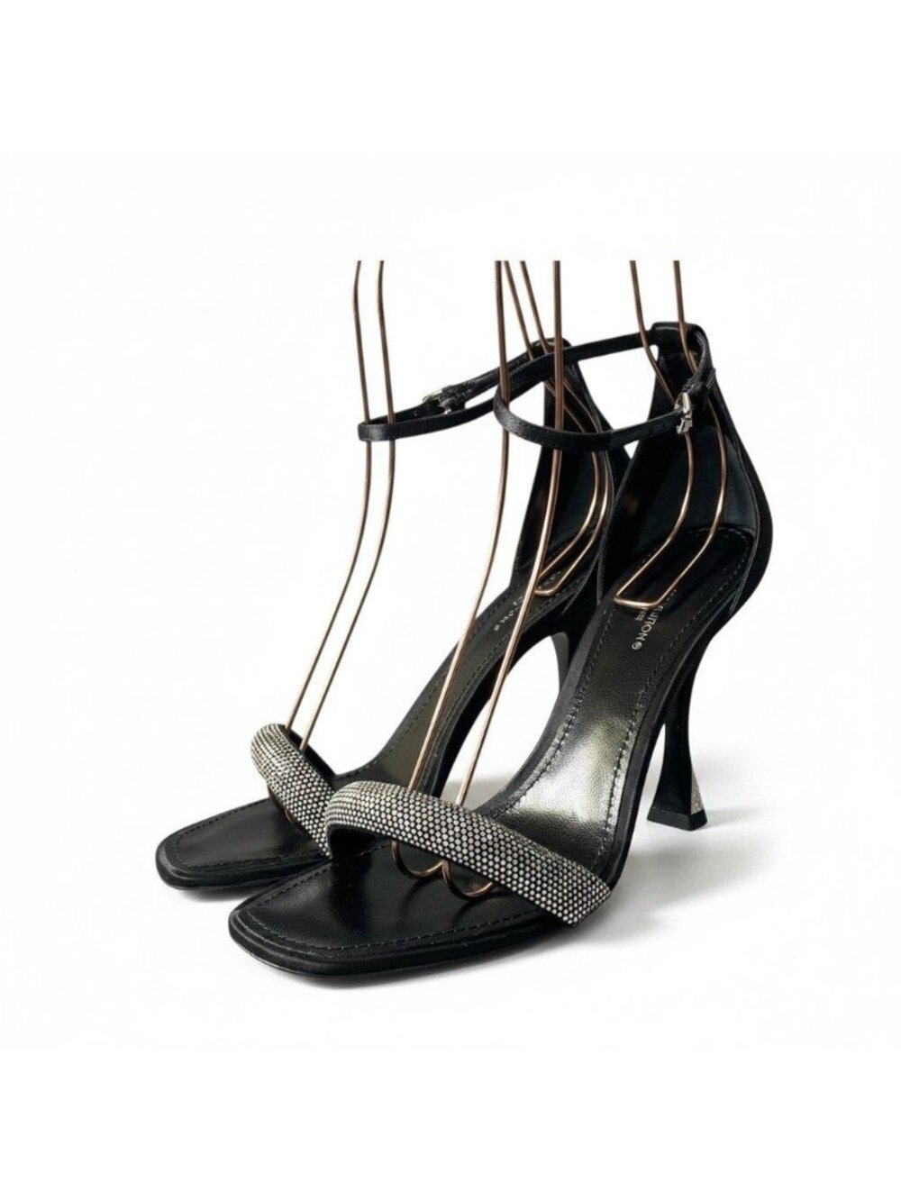 Louis Vuitton Hapi Line Rhinestone Black Satin High Heels Ankle Strap Shoes